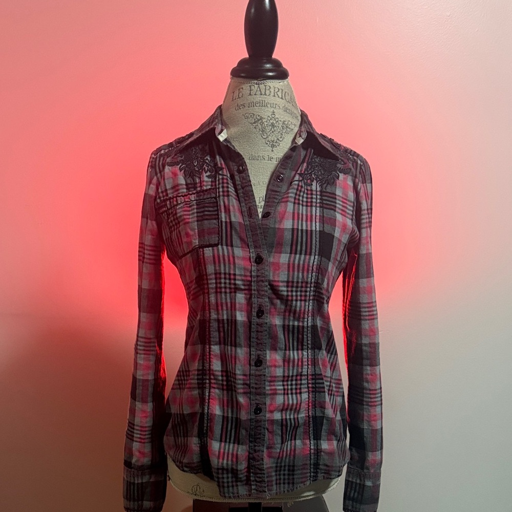 Roar Plaid Button-Up Shirt with Embroidered Detail